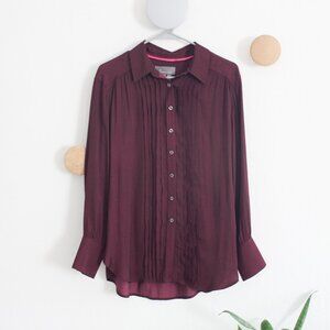 Anthropologie Burgundy Pleated Long Sleeve Button Down - Size Small
